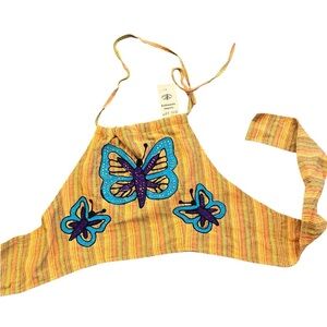 Kathmandu Imports Striped Butterfly Embroidered Tie Back Cotton Halter Top NWT